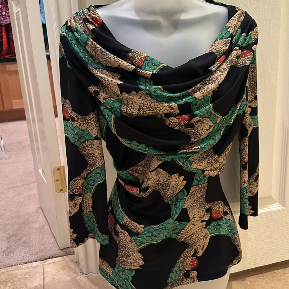 Roberto Cavalli cowl neck fitted blouse in size EU 42. Metallic with green/gold